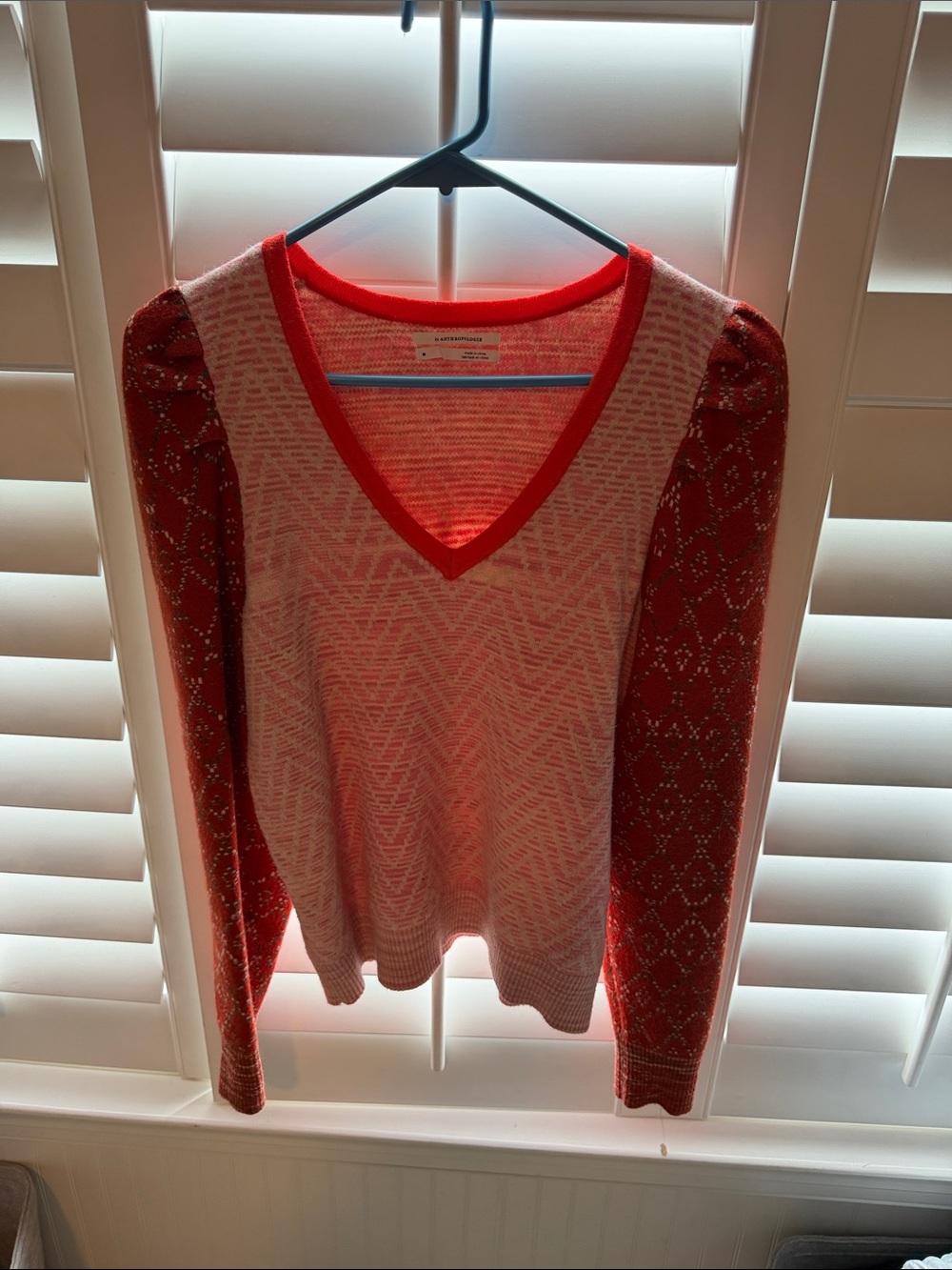 Anthropologie Cream V-Neck Sweater with Red Patterned Sleeves